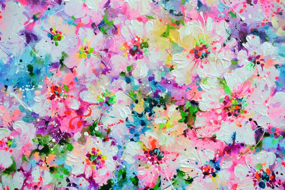 Pink Cherry Tree Flowers - Sakura Colorful Blossom - 120x100 cm, Palette Knife Modern Ready to Hang Floral Painting - Flowers Field Acrylics Painting