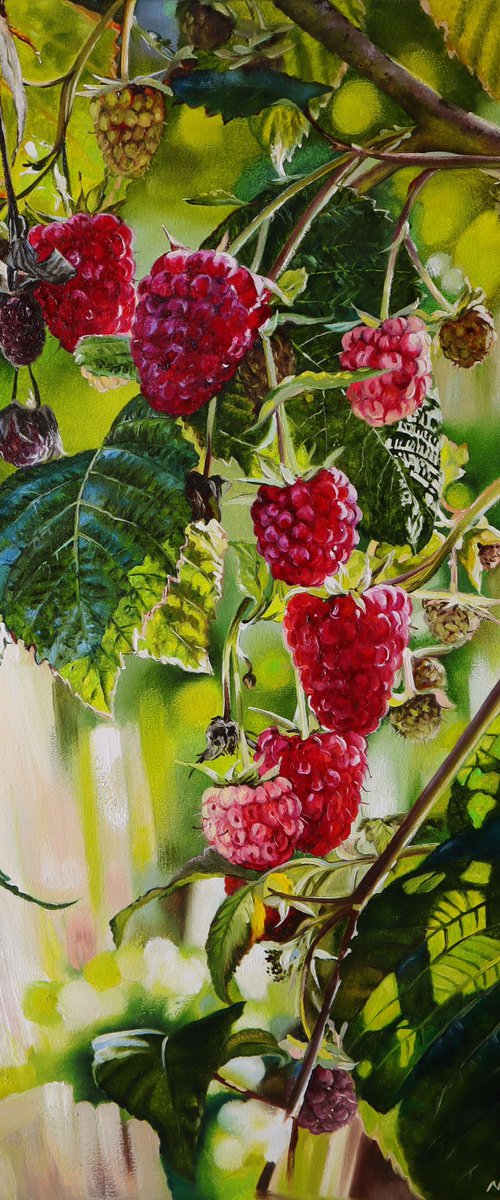 Raspberries. Hyper Realistic Garden Scene by Natalia Shaykina