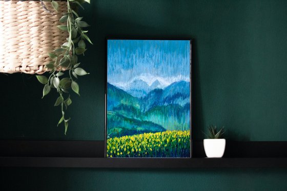 Mountain Original Painting, Oil Pastel Drawing, Green Landscape Artwork, Nature Wall Art