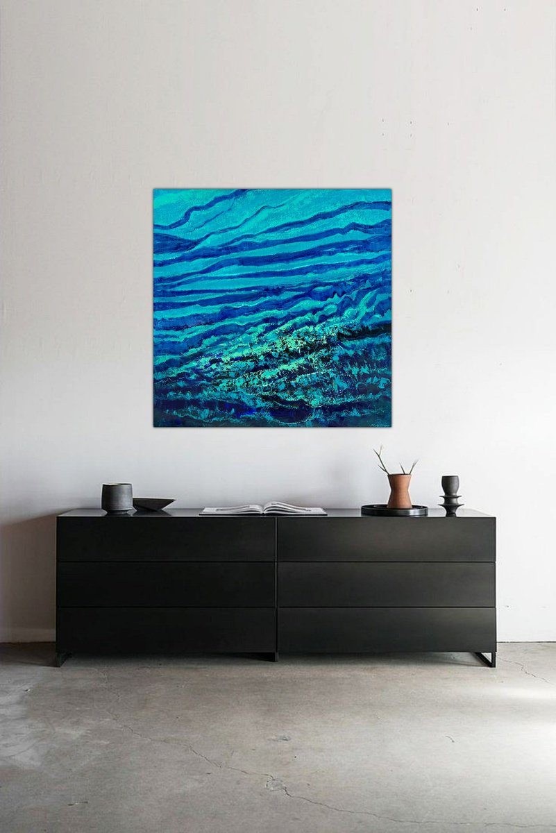 Abstract Oil Painting By Tigran Mamikonyan, 39 X 39", Turquoise Night 100i?100Cm, Original Artwork