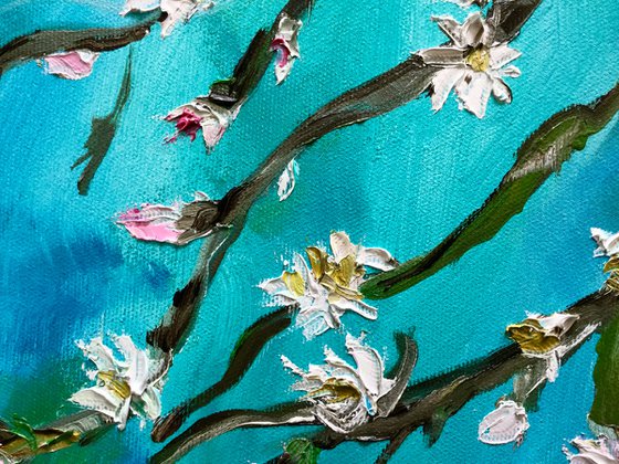 Almond blossom on turquoise inspired by Vincent Van Gogh oil painting ready to hang