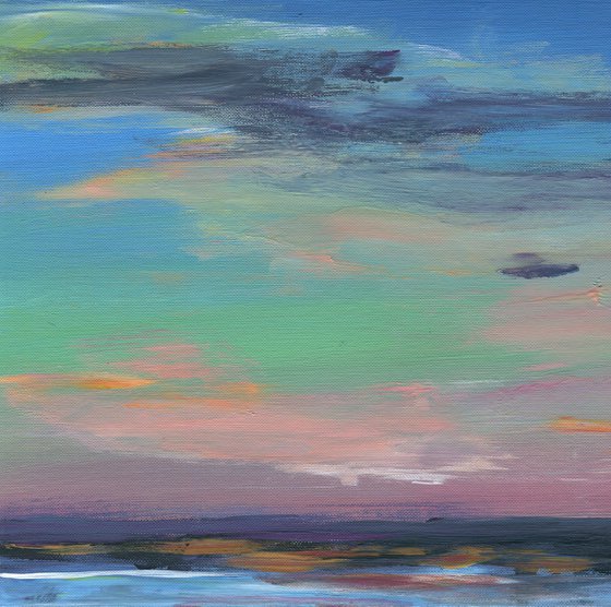 Abstract acrylic sea landscape painting , coastal sunset artwork , beach wall art with cloudy sky