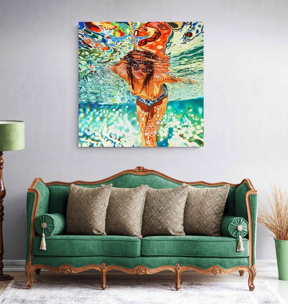 Nude woman under water in the swimming pool, sea, ocean with turquoise color waves with bright sun glares. Impressionistic artwork. Positive holiday bright wall art home decor. Art Gift