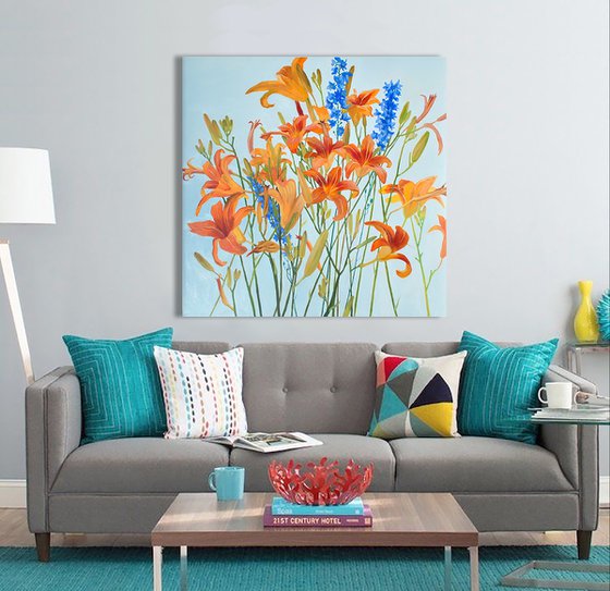 Orange Daylilies, Delphinium