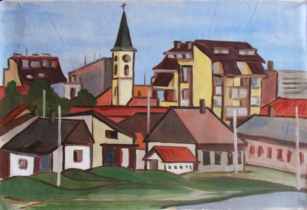 Graphic Cityscapes Oil Painting By Kateryna Bortsova, 24 X 16", Perfect Town, Original Artwork