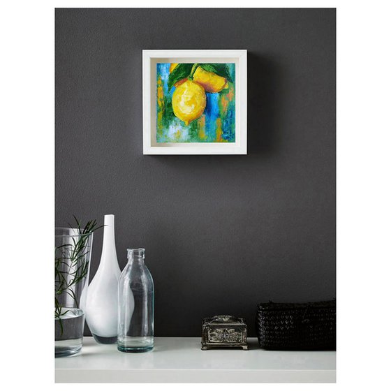 Lemon Painting Original Art Fruit Artwork Citrus Wall Art Small Square Kitchen Decor