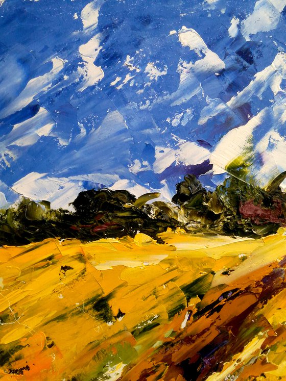 Ukraine Painting Landscape Original Art Sunflower Field Oil Impasto Palette Knife Small Home Wall Art 16 by 12" by Halyna Kirichenko