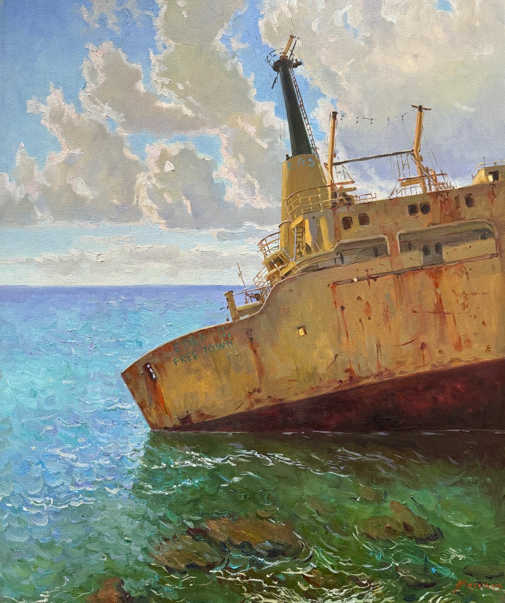 Impressionistic Landscape Oil Painting By Evgeniia Mekhova, 20 X 24, Abandoned Ship, Original Artwork