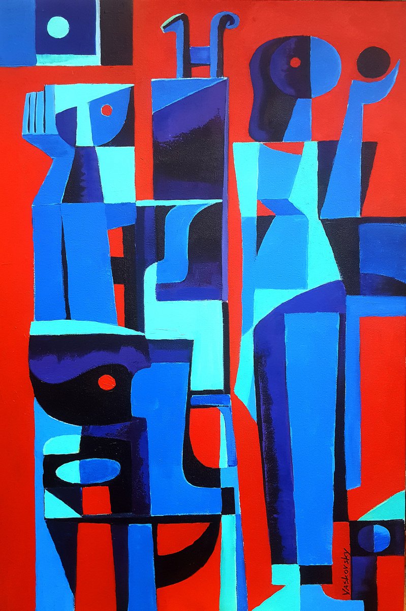 Geometric Portrait Acrylic Painting By Vadim Vaskovsky, 24 X 36", Artist And Model On Red, Original Artwork