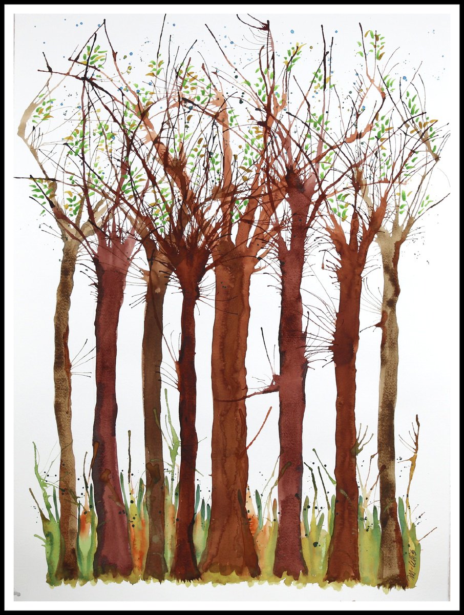 Expressive Landscape Watercolour By Mariann Johansen-Ellis, 22 X 30", The First Sign Of Green, Original Artwork