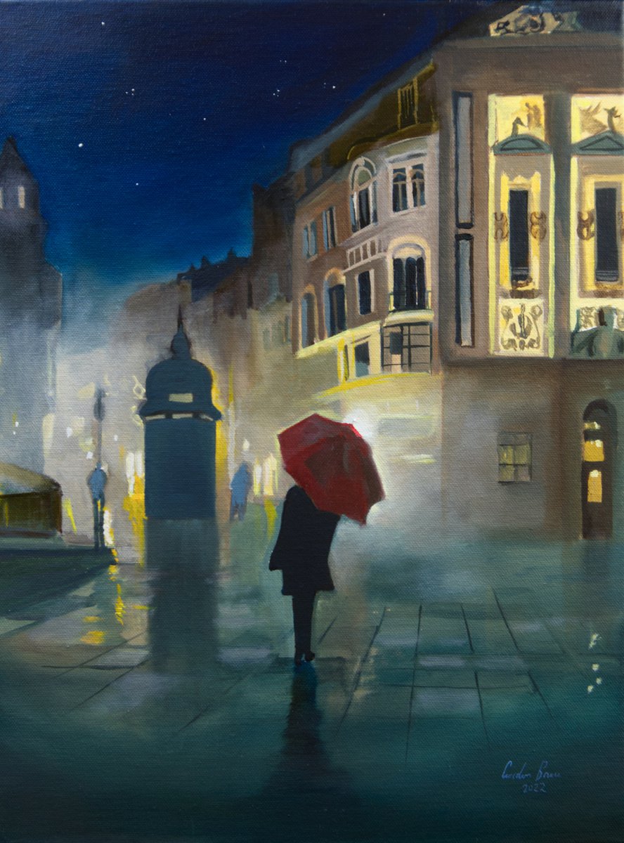 Night in the city with a red umbrella painting by Gordon Bruce