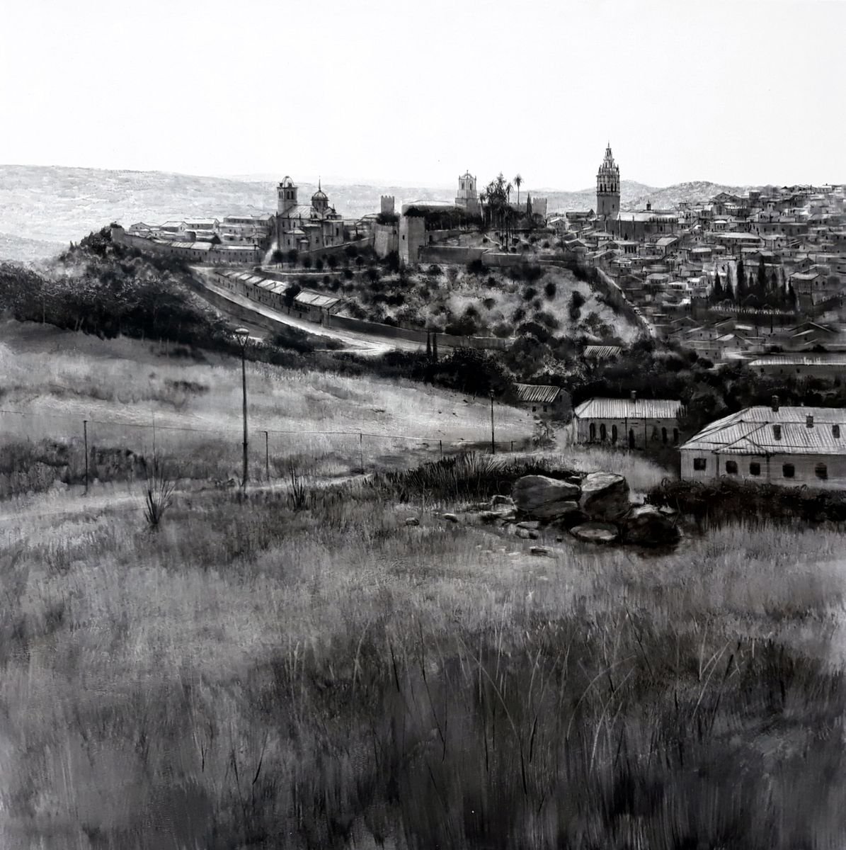 Impressionistic Cityscapes Oil Painting By Rafael Carrascal, 39 X 39", Jerez De Los Caballeros, Original Artwork