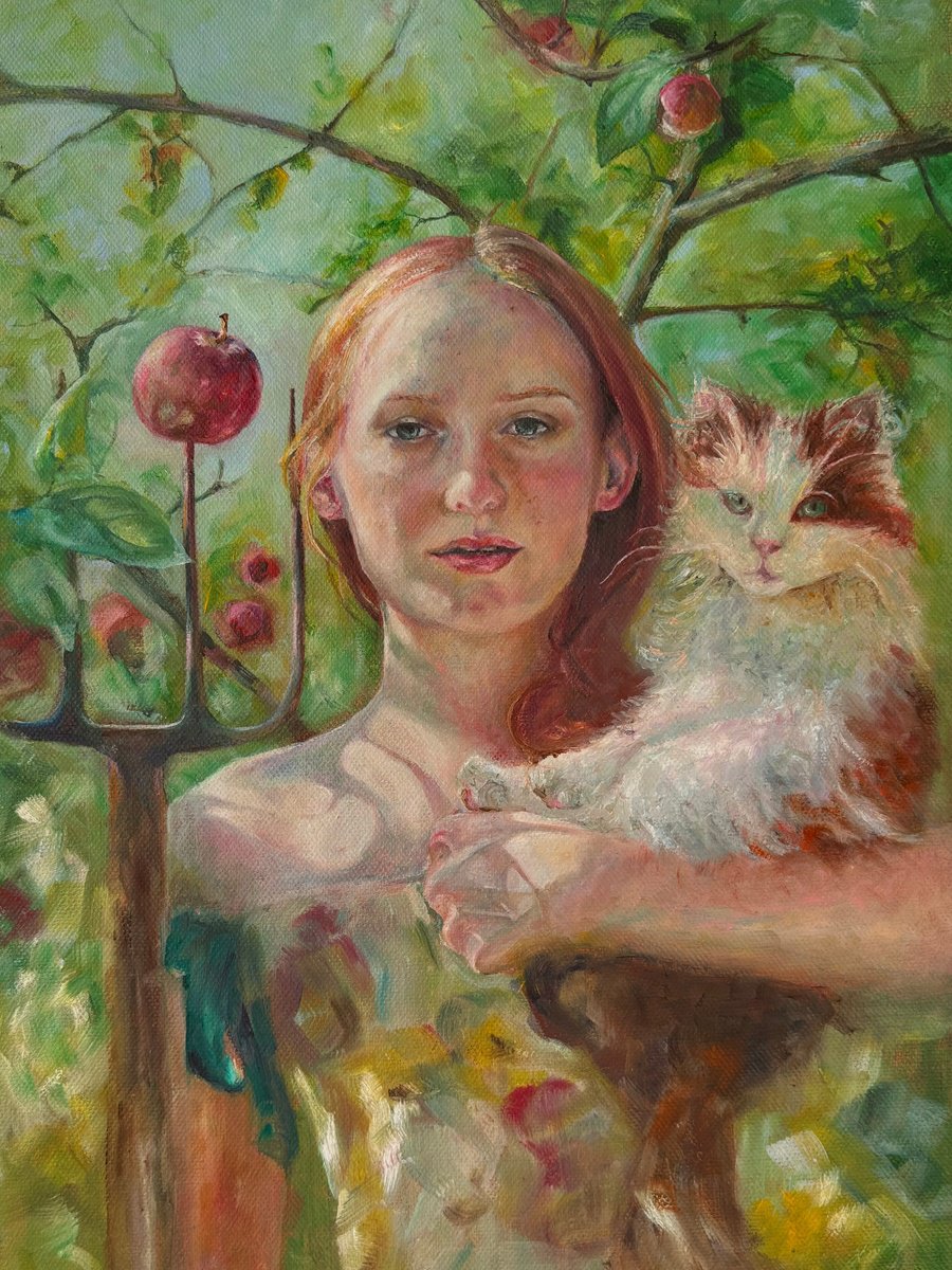 Photorealistic Oil Painting , Eve With A Cat By Anastasiya Kostyuk, 12 X 16, Artwork For Sale On Artfinder