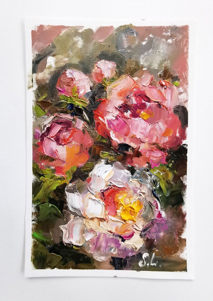 Pink peonies framed miniature on canvas by Annet Loginova