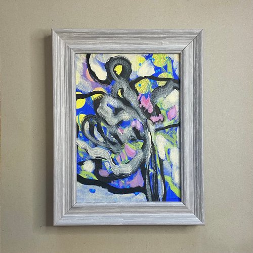 CELEBRATING- small mini painting, framed, gift, blue and yellow by Yulia Ani