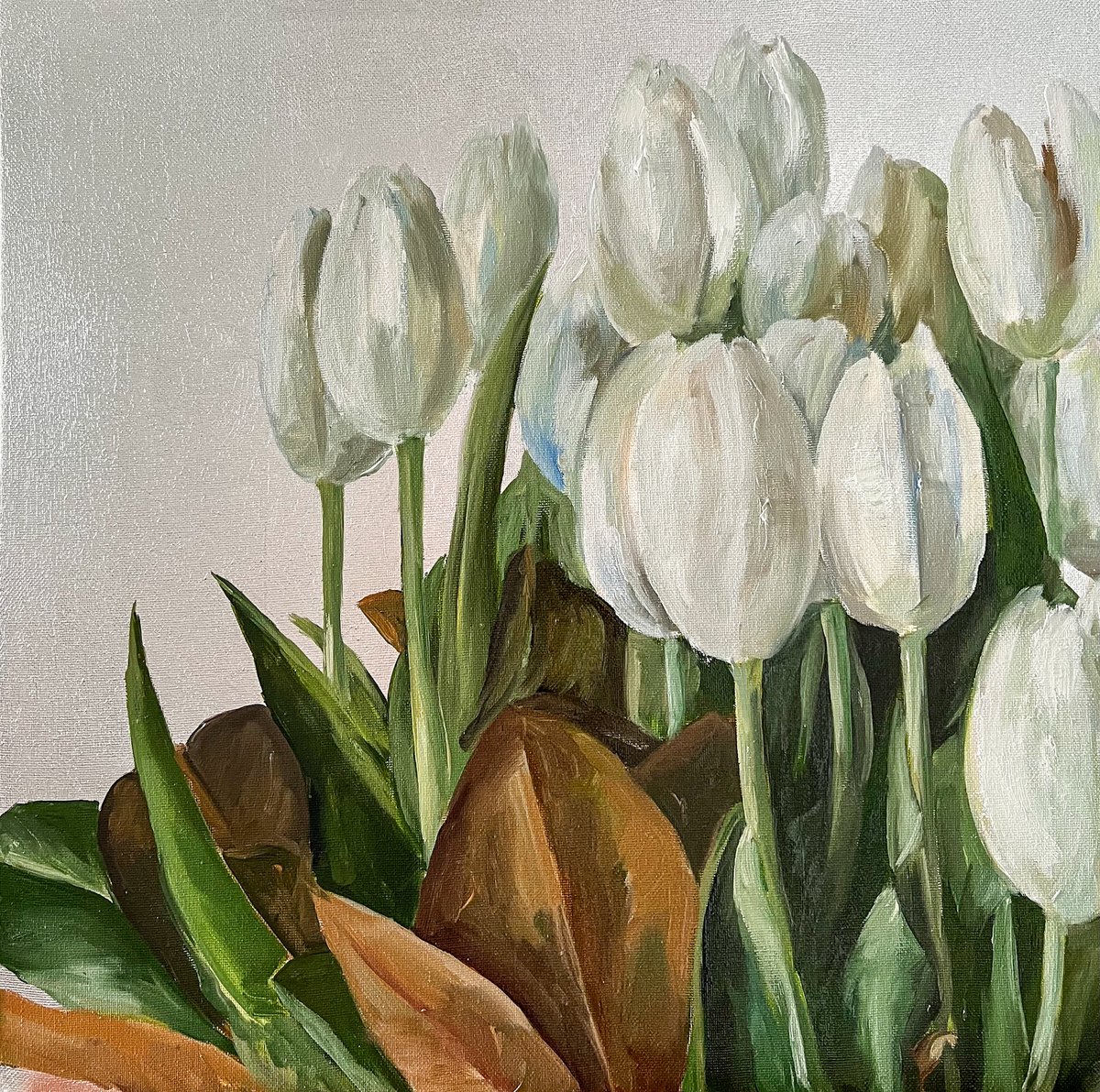 Oil painting White tulips with silver background by Diana Timchenko