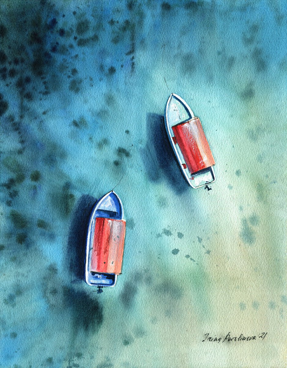 Sailing boats near the beach original watercolor painting , sea artwork blue art, gift id... by Irina Povaliaeva