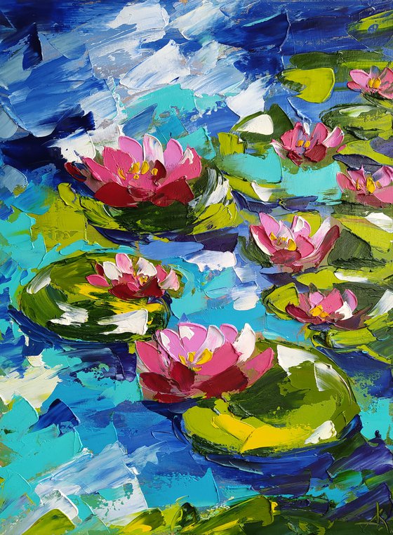 Lilies - lilies oil painting, lake, river, flowers in water, flowers on the river, water lilies, water lilies oil painting