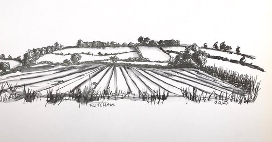 Autumn scene Norfolk Countryside Landscape Drawing in Pen and Ink - Traditional English Landscape