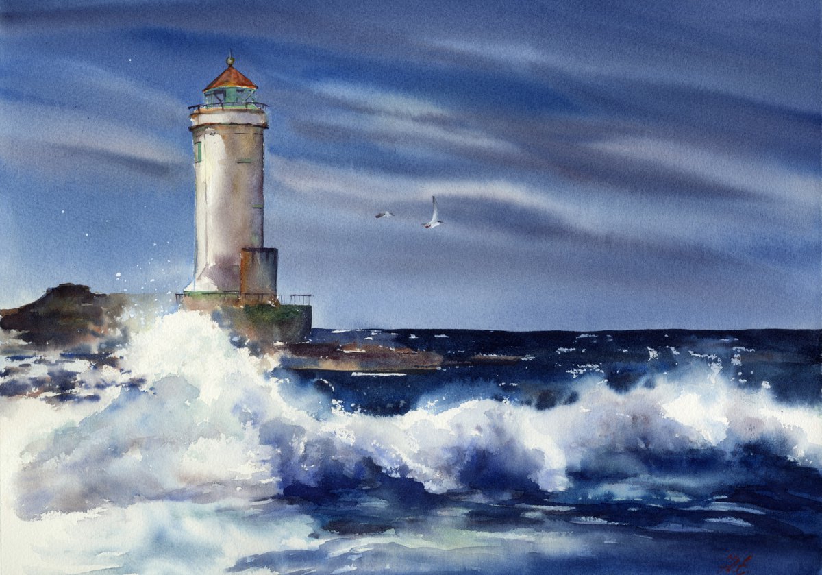 Lighthouse in the ocean, blue watercolor painting by Yulia Evsyukova
