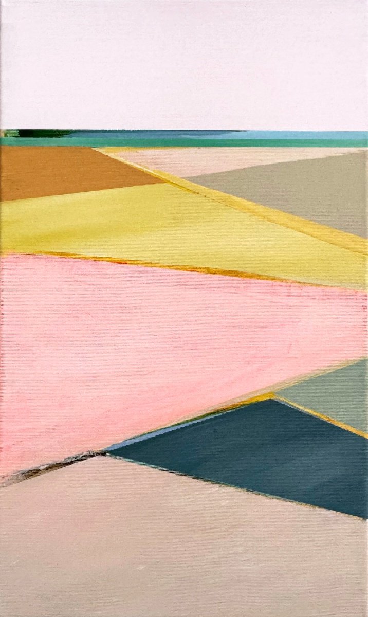 Geometric Landscape Acrylic Painting By Katrin Roth, 12 X 20", Crossing Field 1, Original Artwork