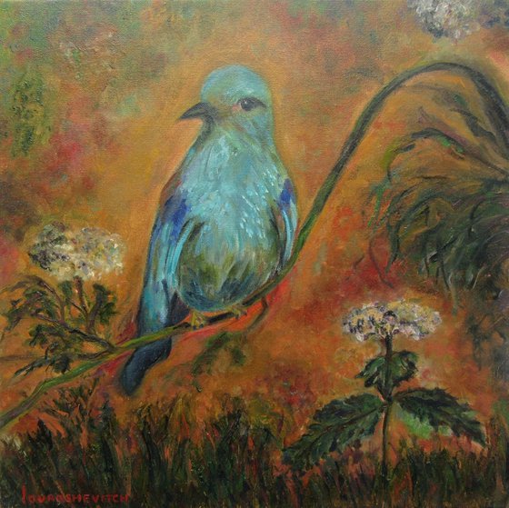 Birds' stories Blue Bird Kingfisher Red Sitting on a Tree in a Magic Garden waiting to Decor some Home not Abstract Wall