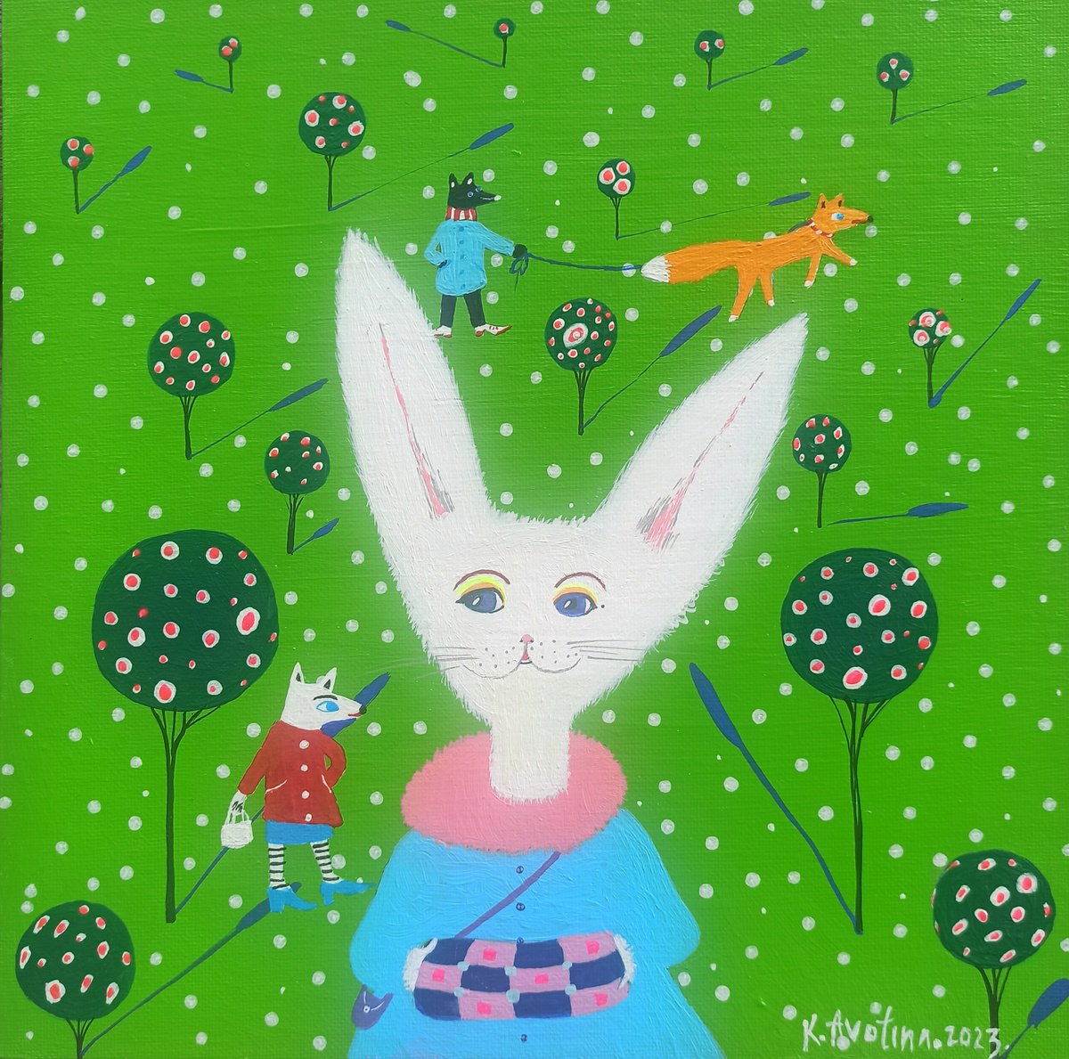 Impressionistic Animal Acrylic Painting By Katrina Avotina, 10 X 10", The Picnic Plan, Original Artwork