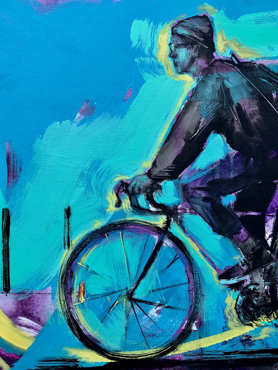 Purple horizontal painting - "Summer breeze" - Urban Art - Pop Art - Bicycle - Street Art