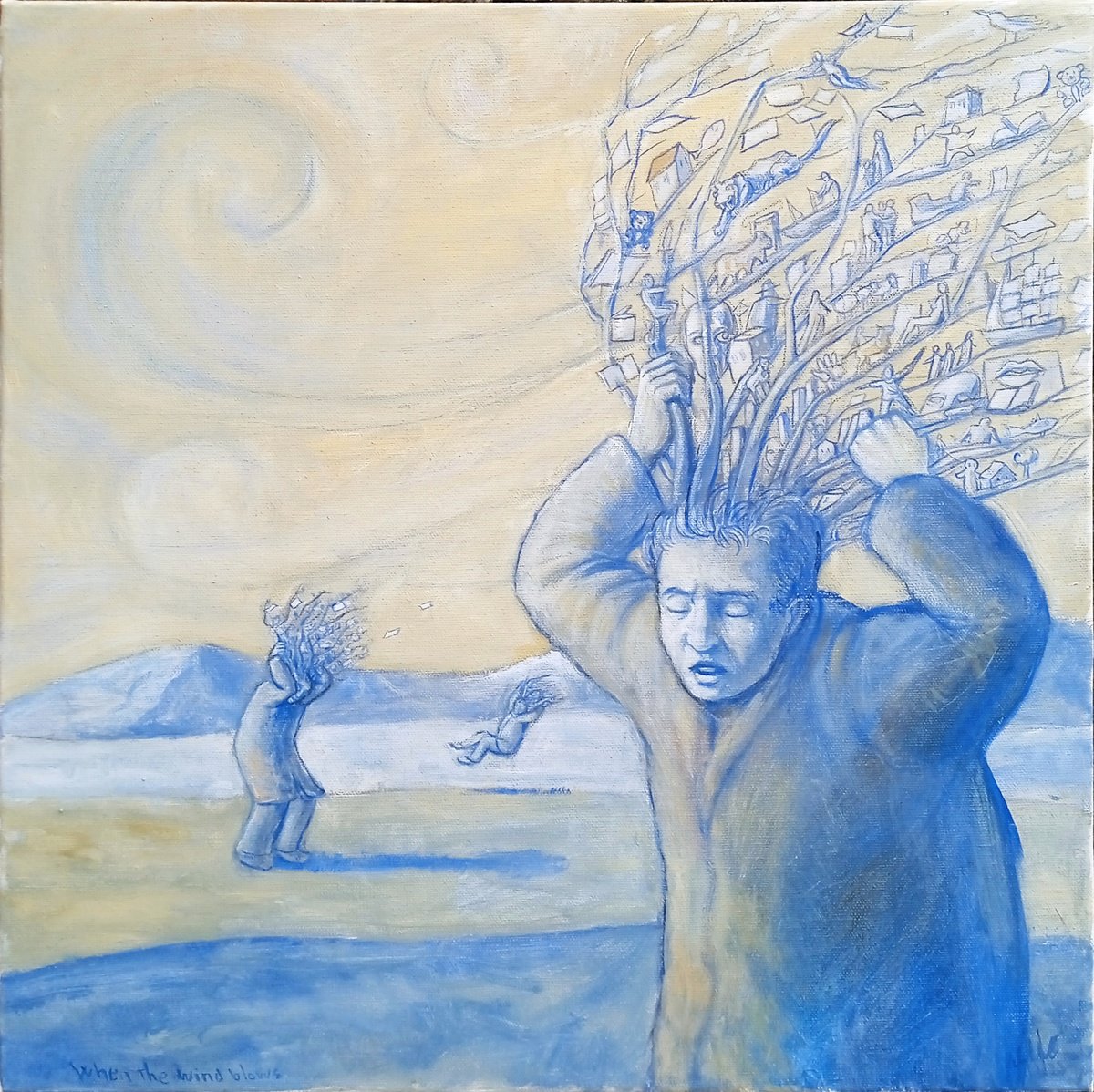 Surrealistic Landscape Oil Painting By Paolo Beneforti, 20 X 20", When The Wind Blows, Original Artwork