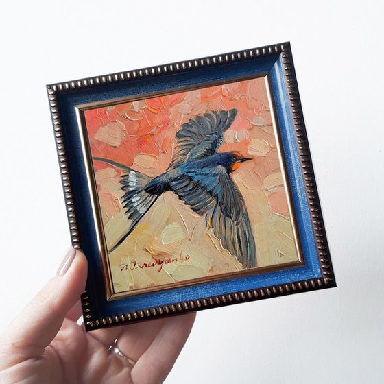 Small bird oil painting original in frame 4x4, Swallow bird picture framed