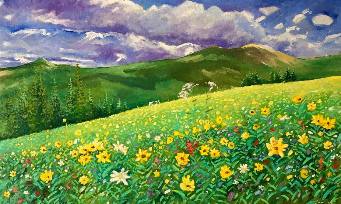 Premium AI Image  A painting of a field of flowers with mountains