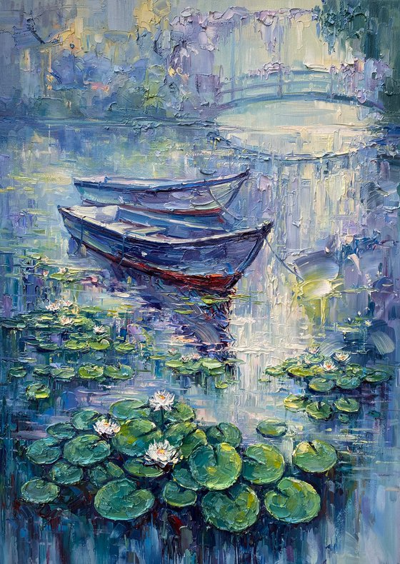 "Morning Water-Lilies pond"original oil painting by Artem Grunyka