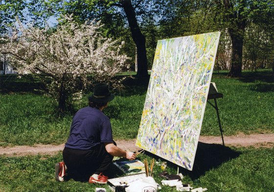 FLOWERING BUSH. APPLE TREE - floral art, landscape, blooming plant, original oil painting, Moscow