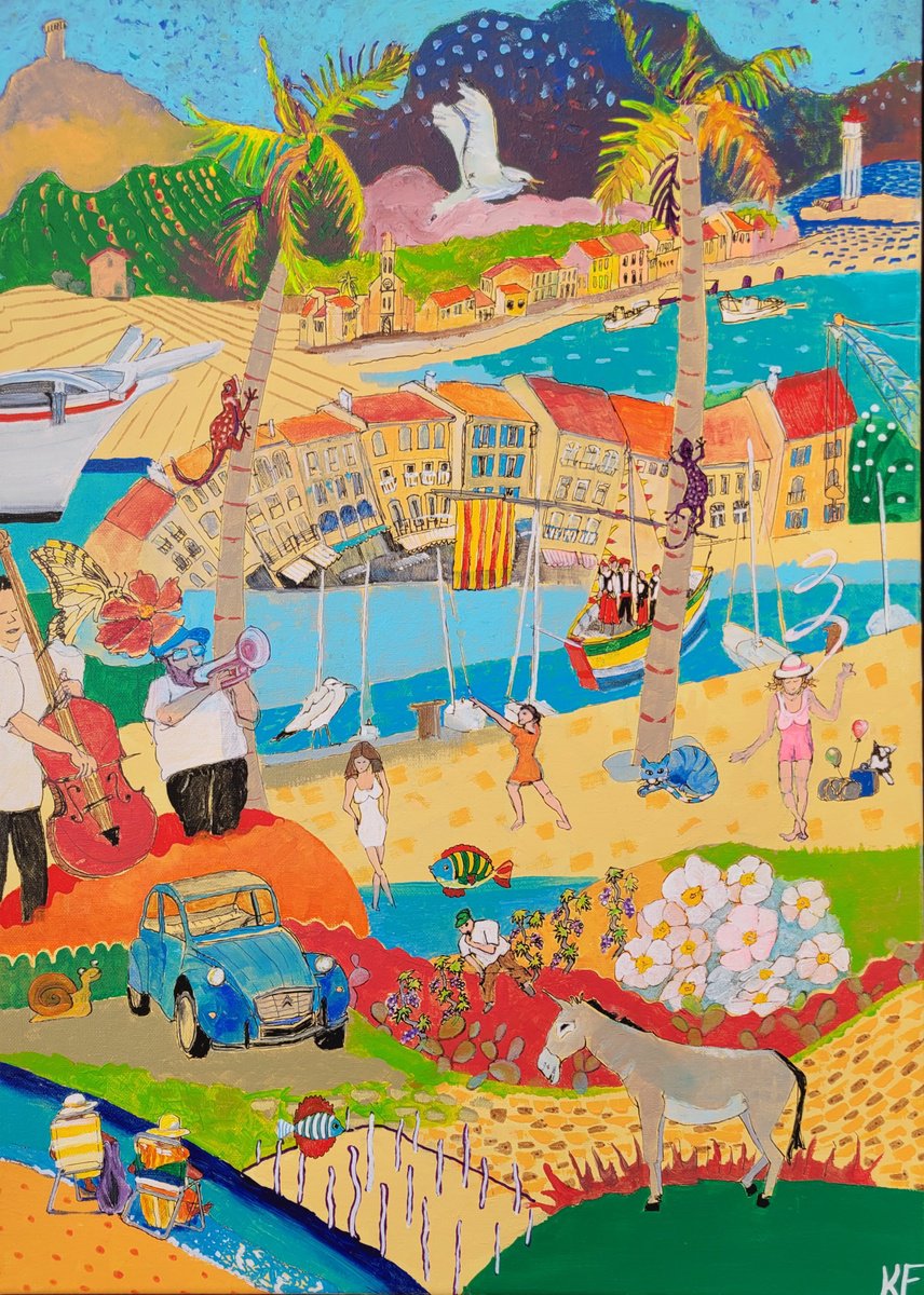 Cityscapes Acrylic Painting By Kathrin Floge, 20 X 28", Hommage i? Port-Vendres, Original Artwork