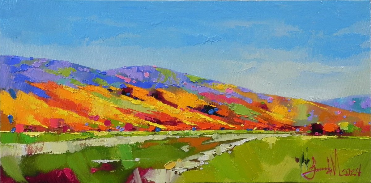Impressionistic Landscape Oil Painting By Mykhailo Novikov, 16 X 8", "Summer Day", Original Artwork