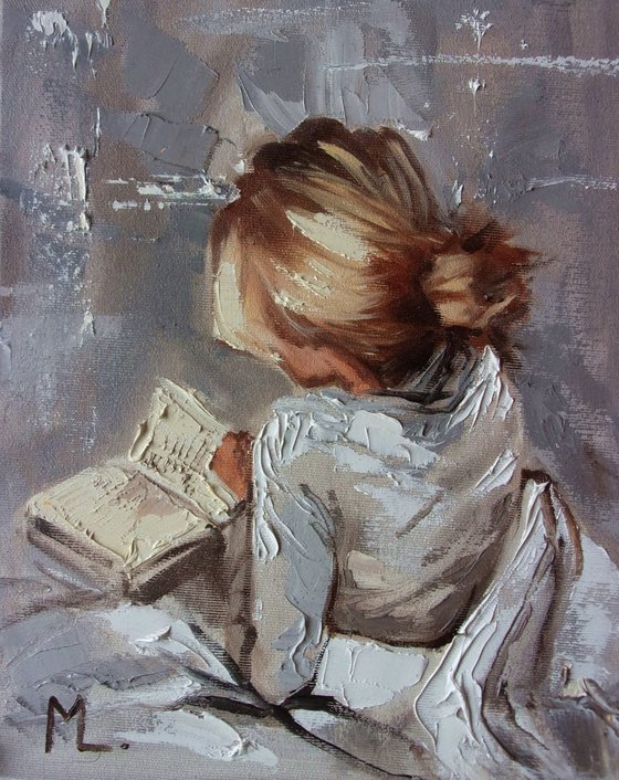 " READING IN BED ... " book lover original painting ROOM  palette knife GIFT brown