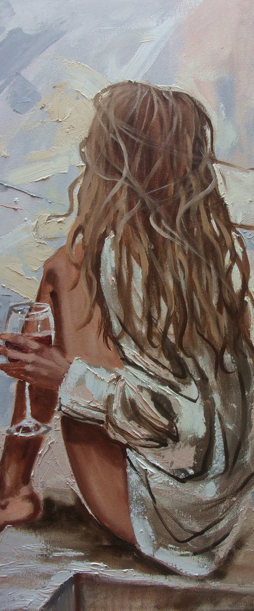 " HER THOUGHTS "-   liGHt  red wine ORIGINAL OIL PAINTING, GIFT, PALETTE KNIFE nude WINDOW by Monika Luniak
