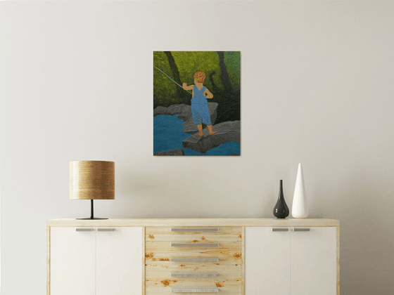 Little Angler at Work - Original, unique, landscape, palette knife painting