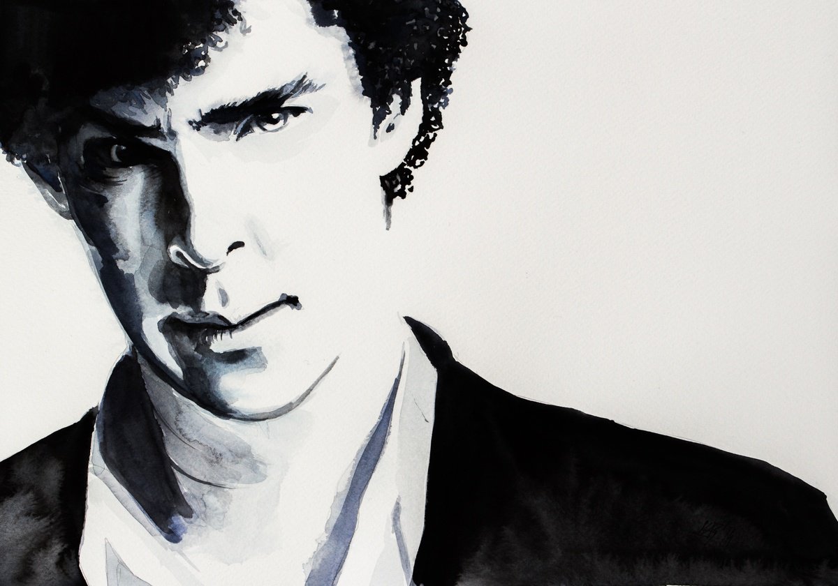 Expressive Portrait Watercolour By Kovacs Anna Brigitta, 14 X 10", Sherlock, Original Artwork