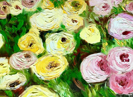 Large size WHITE PINK YELLOW PURPLE  ROSES in a Greenwich rose garden palette  knife modern still life  flowers office home decor gift