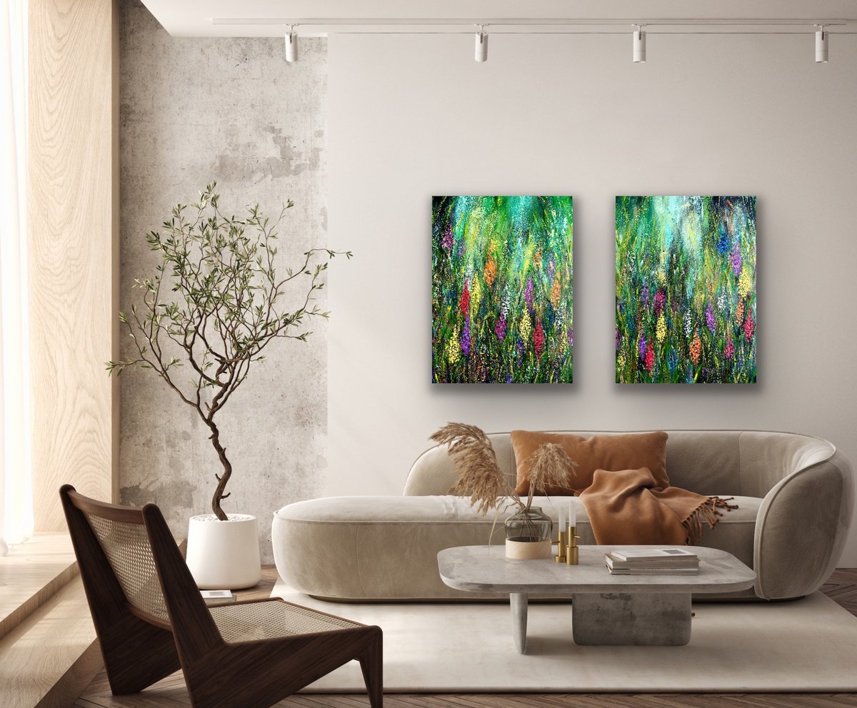 Abstract Acrylic Painting By Pooja Verma, 47 X 31", Spring Meadow Lupine Garden, Original Artwork