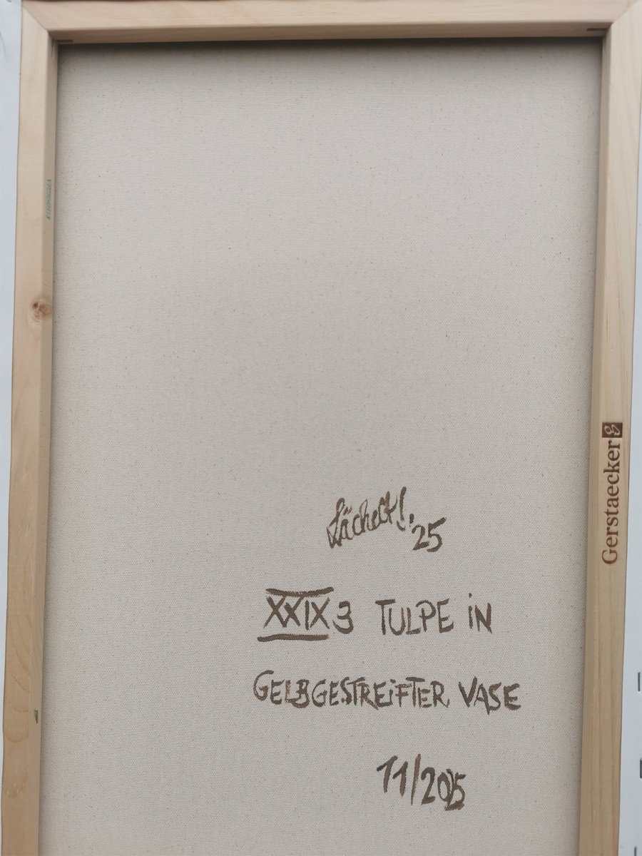 Expressive Botanical Acrylic Painting By Uli Lachelt, 16 X 24", Xxix 3 - Tulip In A Yellow-Striped Vase, Original Artwork