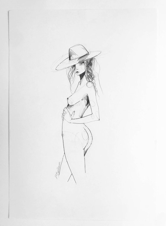 Girl with hat pencil drawing