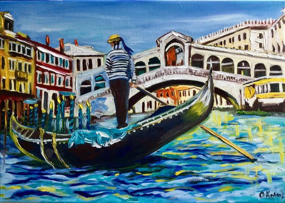 VENICE. GONDOLIER . Original oil painting. Modern art decor.