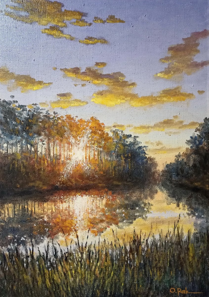 Impressionistic Landscape Oil Painting By Oleh Rak, 20 X 28", Golden Clouds, Original Artwork