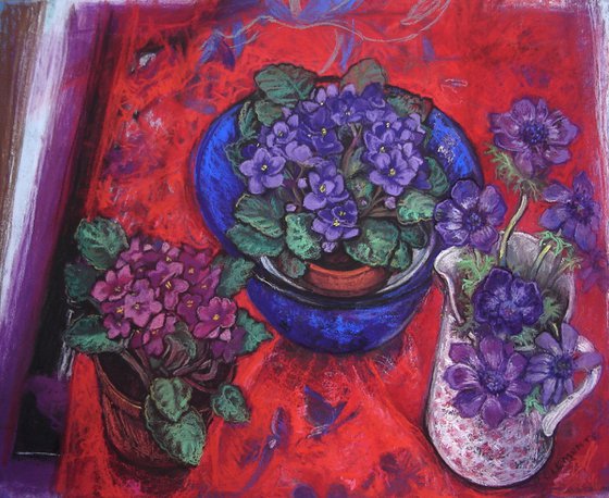 African Violets on red
