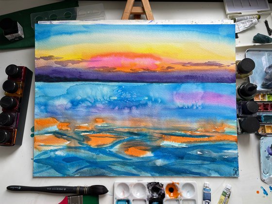 Seascape Watercolor Painting, Sea Ocean Wall Art, Sunset Large Original Painting, Coastal Home Decor