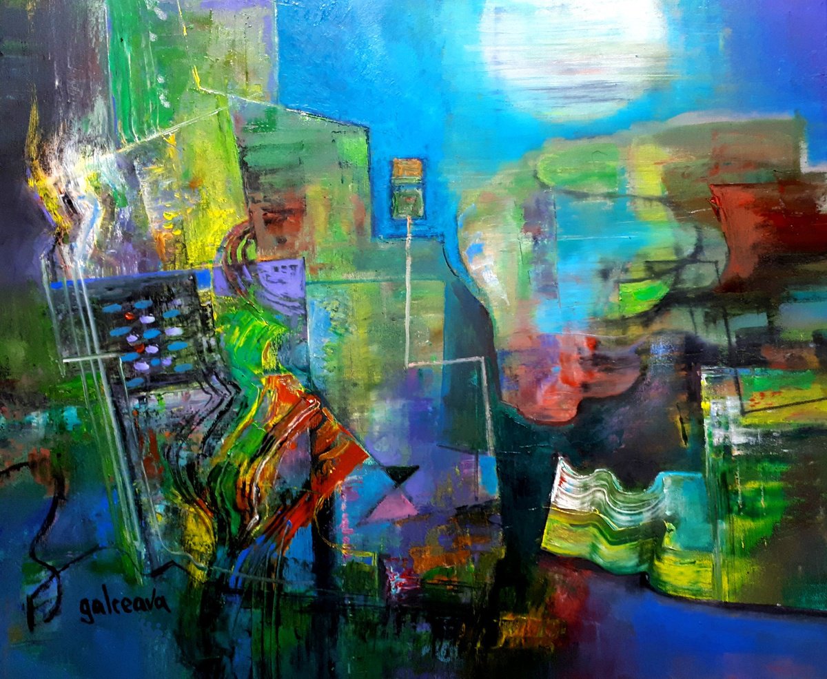 Abstract Oil Painting By Constantin Galceava, 24 X 20, Full Moon, Original Artwork