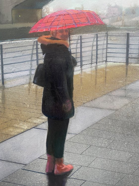 'Rainy Day in Scotland' Oil Painting of women with red umbrella