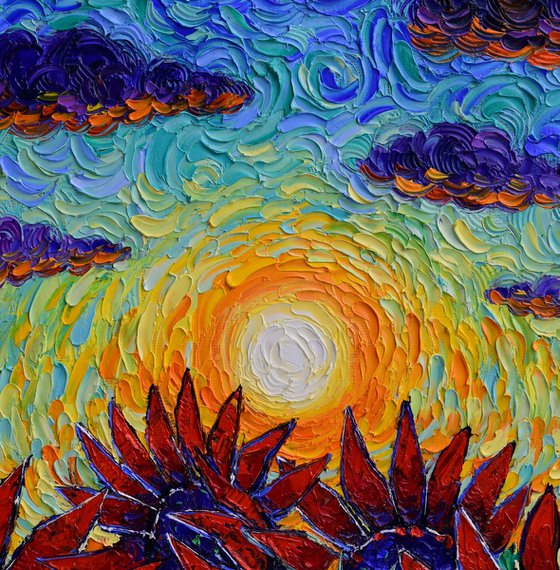 RED SUNFLOWERS - PROVENCE SUNSET impasto palette knife oil painting textured impressionism Ana Maria Edulescu